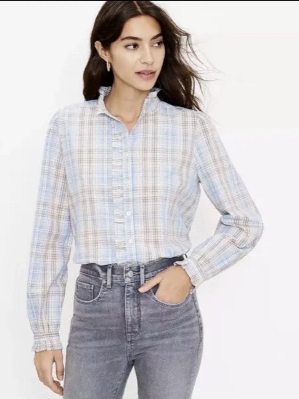 LOFT Ann Taylor Blue and Brown Plaid Ruffle Button-Down Shirt